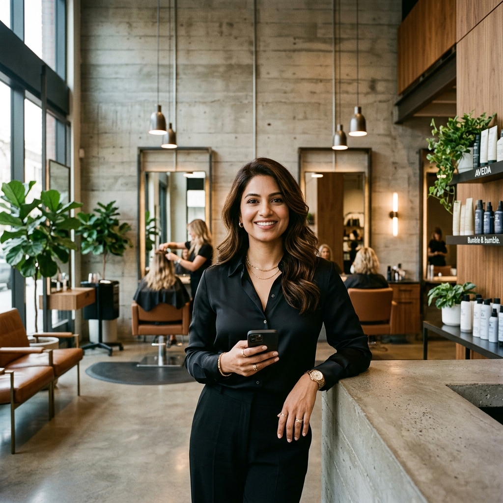 Confident Salon Owner smiling at front desk